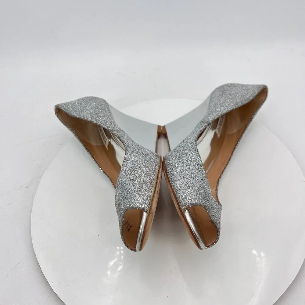 Badgley Mischka Women Size 9 Metallic Silver Glitter Open Toe Wedges Shoes